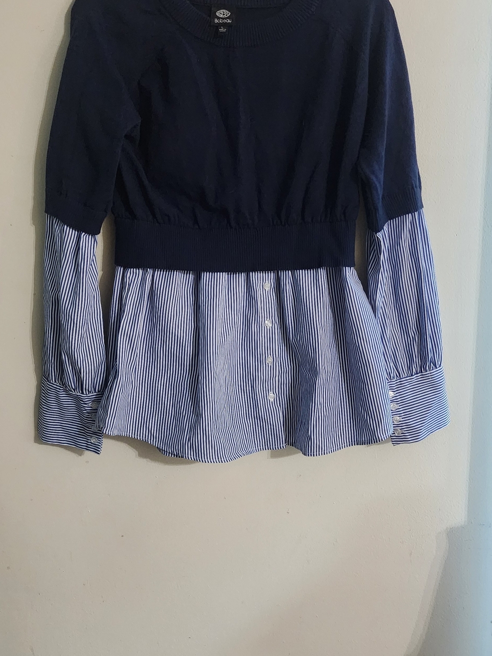 Bobeau Blue Navy Knit & White Striped Woven Layered 2-in-1 Top Blouse Size L